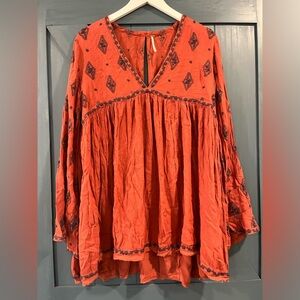 Free People Diamond Embroidered Tunic Top Size Medium Cinnamon Boho Babydoll